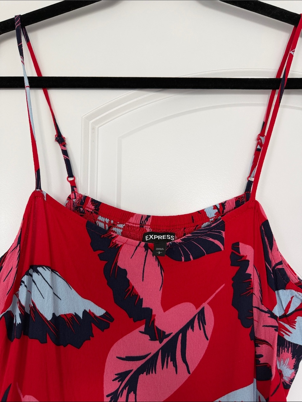 Express Red Tropical Leaf Cami Dress with Pink & Navy Accents